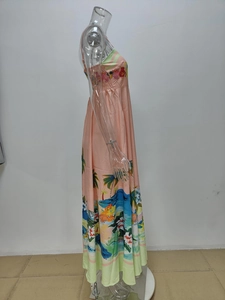Detail of tropical print sundress featuring palm trees and beach scenery patterns