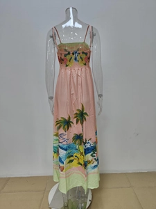 Detail of pink floral dress back with elastic smocked waist and tropical beach print