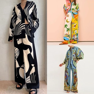Women Fashion Printed Button Down Cardigan Top And Pants Set Casual Loose Commuter Long Sleeve Two Piece Outfits