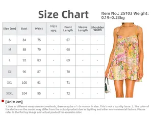 Detailed size chart for floral sleeveless mini dress showing bust and length measurements