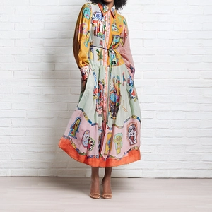 Robe chemise à manches lanternes avec imprimé floral, ceinture et motifs bohèmes