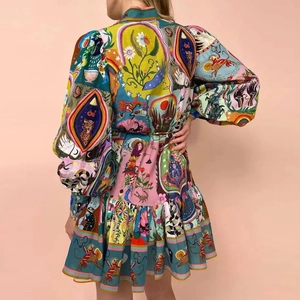 Vintage elegant long sleeve mini dress with artistic sun and moon prints and lantern sleeves
