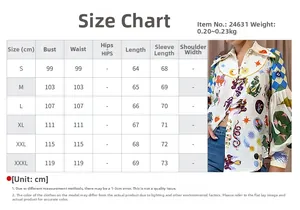 Size chart for women's graffiti print shirt with sleeve and bust dimensions in cm