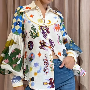 Women's spring lantern sleeve shirt featuring artistic celestial graffiti print and lapels
