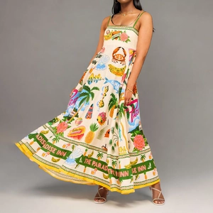 Elegant high-waist tropical print maxi dress with palm trees and sun-kissed illustrations