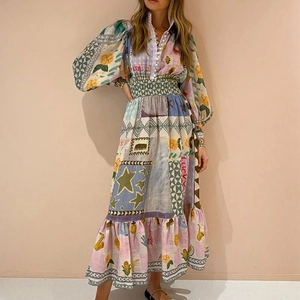Robe Longue Vintage Bohème Imprimé Patchwork Manches Lanternes Taille Haute Volants Grande Amplitude Décontracté Vacances Femme