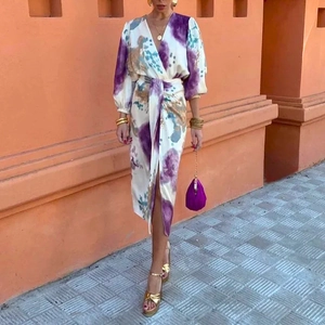 Women's V-neck long sleeve dress with colorful abstract watercolor print and waist tie