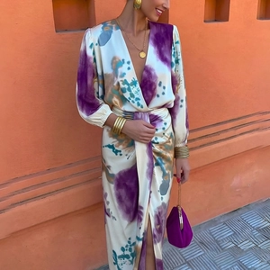 Floral satin maxi dress with deep V-neck, long sleeves and high slit in watercolor print