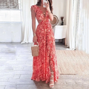 Abito Maxi da Donna Bohemian Stampa Paisley Scollo a V Cutout Maniche a Volant Spacco Estate Vacanza Elegante Lungo