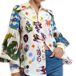 Women's graffiti print lantern sleeve button-down shirt with artistic surrealist patterns