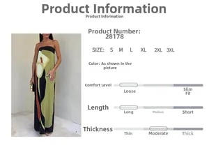 Size chart showing strapless floral maxi dress in green, black, and orange color blocking