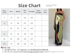 Size guide table for women's strapless floral print maxi dress showing S to 3XL measurements