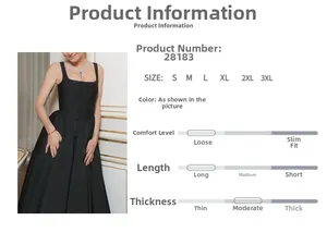 Detail showing the size chart and loose fit parameters of this black maxi dress