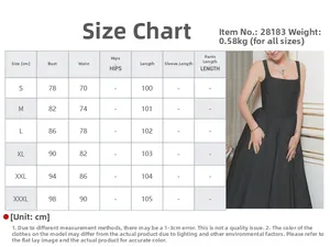 Size chart for black sleeveless cocktail dress with bust and waist measurements in cm