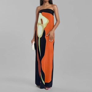 Strapless floral maxi dress with orange calla lily print on a black slim H-line silhouette