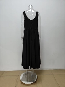 Detail view of the deep V-back cut and high waist of this black sleeveless midi dress