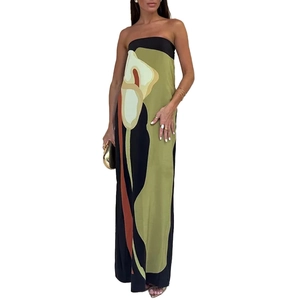 Elegant strapless maxi dress with vibrant green floral print on a sleek black fabric