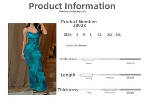 Size chart for women's slim fit floral print maxi dress featuring adjustable spaghetti straps
