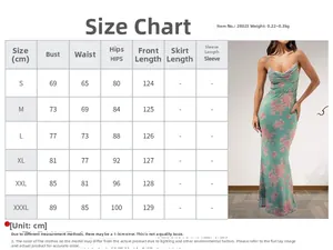 Size guide for floral spaghetti strap bodycon dress with bust, waist, and hip measurements
