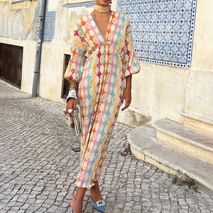 Abito Maxi Bohemien a Fantasia Geometrica Scollo a V Donna Elegante Plissettato Maniche a Lanterna Lungo Vacanza