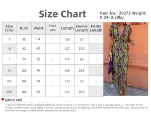 Size chart for women's V-neck floral dress showing detailed bust and length measurements