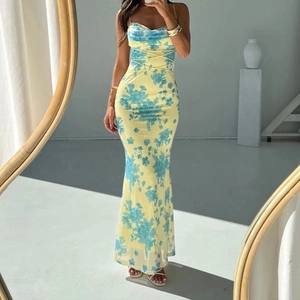 Elegant slim fit floral spaghetti strap midi dress in light yellow with blue print