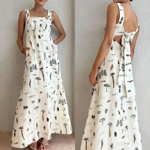 Abito Lungo Elegante Donna Schiena Scoperta Fiocco Stampa Tropicale Scollo Quadrato Senza Maniche Vita Alta Vacanza Estiva Linea A