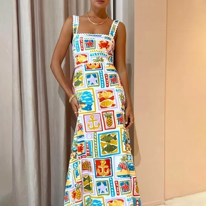 Tropical stamp print summer midi dress with square neck and wave straps for women