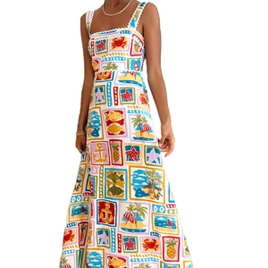 Women's tropical graffiti print maxi dress with spaghetti straps and nautical motifs