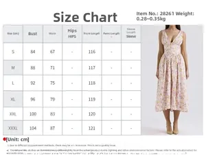 Size chart detail for the elegant backless floral maxi dress in sizes S to XXXL