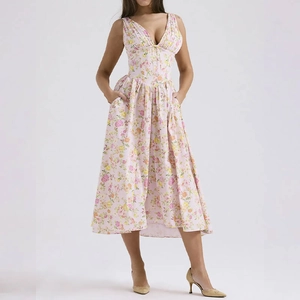 Elegant light pink floral V-neck midi dress with waist pleats and side pockets
