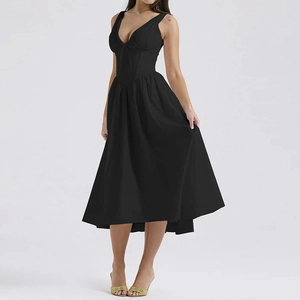 Vue détaillée d'une robe midi noire sans manches à col en V avec une taille cintrée
