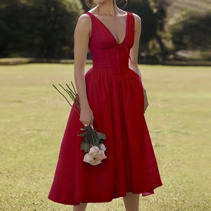 Elegant red V-neck midi dress with bow detail and A-line silhouette for spring women's fashion