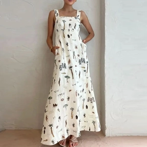 Robe Maxi Sexy Imprimé Floral Tropical pour Femmes Col Carré Sans Manches Dos Nu Noeud Papillon Vacances Robe Longue Trapèze
