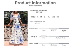 Detail view of square neck puff sleeve dress with sun and floral totem print