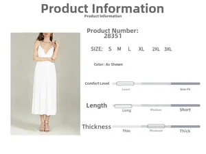 Detail view of white deep V-neck backless maxi dress with size chart and fit specifications