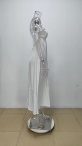Side view of white satin sleeveless maxi dress with silky luster and slim fit tailoring