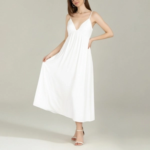 Elegant white V-neck backless maxi slip dress with high waist slimming silhouette