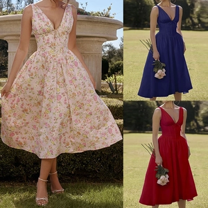 Women V-Neck Sleeveless Maxi Dress Elegant Backless Floral Print High Waist A-Line Swing Long Sun Dress With Pockets