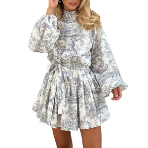 Mini robe vintage à imprimé floral français avec manches lanternes et ceinture