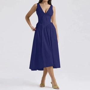 Elegant deep blue V-neck backless floral midi dress with fitted waist and A-line skirt