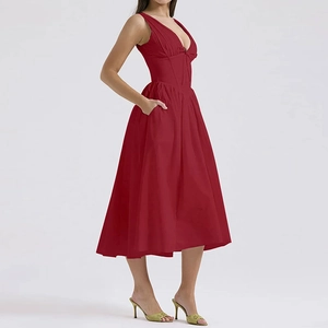 Elegant red sleeveless deep V-neck corset maxi dress with flared A-line skirt and pockets