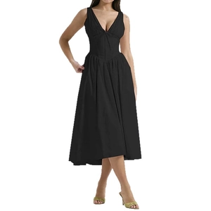 Elegant black backless V-neck sleeveless midi dress with a stylish corset waist and flared skirt