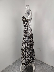 Vue latérale d'une robe mi-longue à imprimé léopard avec une coupe ajustée en ligne A