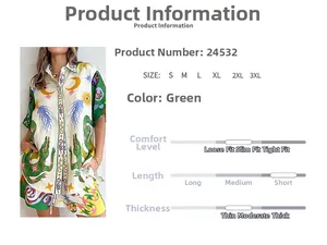 Detail view of green printed two-piece set featuring artistic patterns and size chart