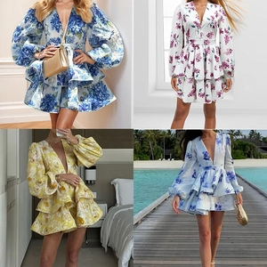 Elegant V Neck Bubble Sleeve Floral Mini Dress Women Ruffle Hem High Waist Chiffon Look Summer Holiday Party Outing Dress
