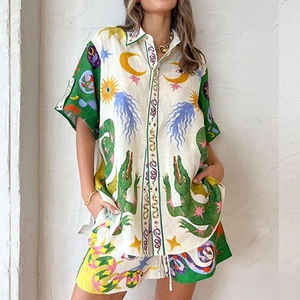 Women's summer two-piece set with artistic crocodile print shirt and wide-leg shorts