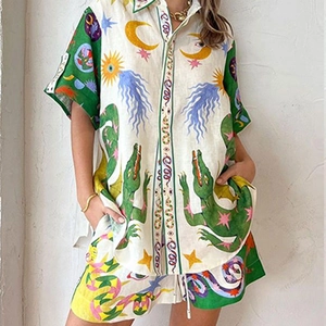 Women's two-piece resort set with mystical animal print shirt and drawstring shorts