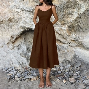 Elegant dark brown V-neck maxi dress with spaghetti straps and convenient side pockets