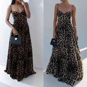 Robe Longue Sexy à Imprimé Léopard pour Femme Élégante Col en V Sans Manches Taille Haute Dos Nu Robe d'Été Soirée